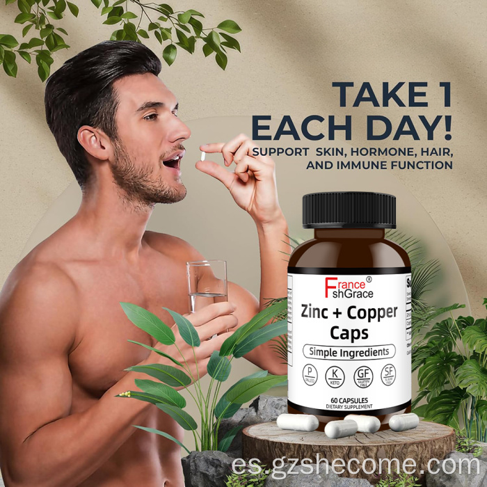 Los suplementos Zinc + Copper Caps apoyan la claridad de la piel y la estructura del cabello.
